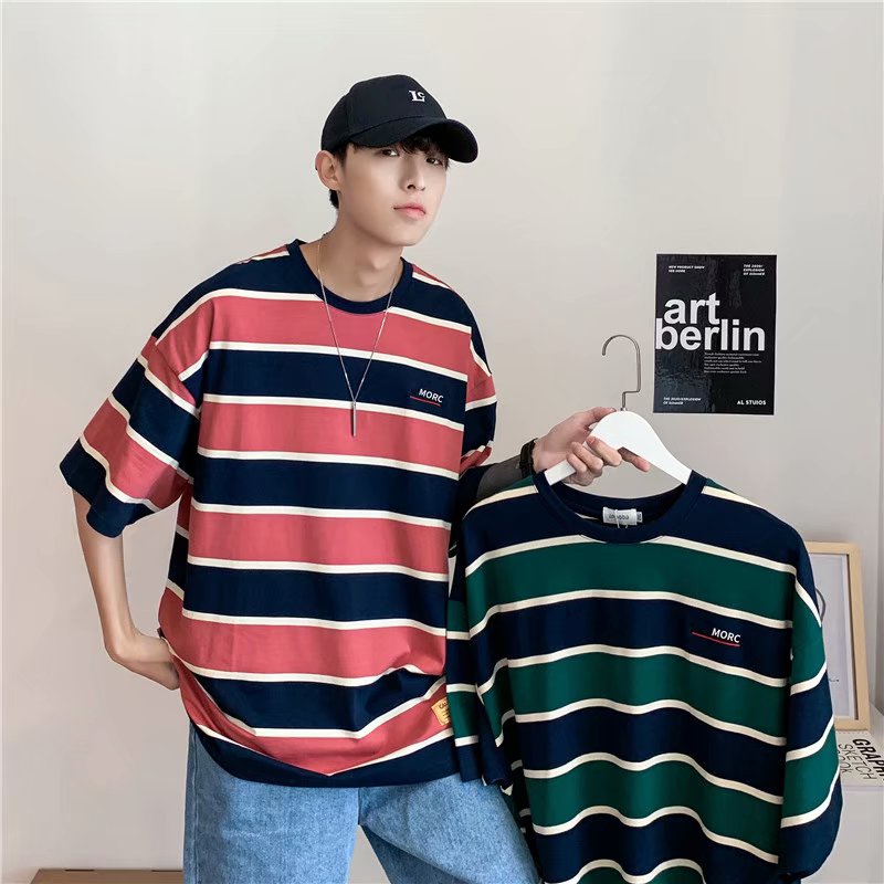 Fashion Men Stripes T-shirt Couple Unisex Short Sleeve Stripe Men ...