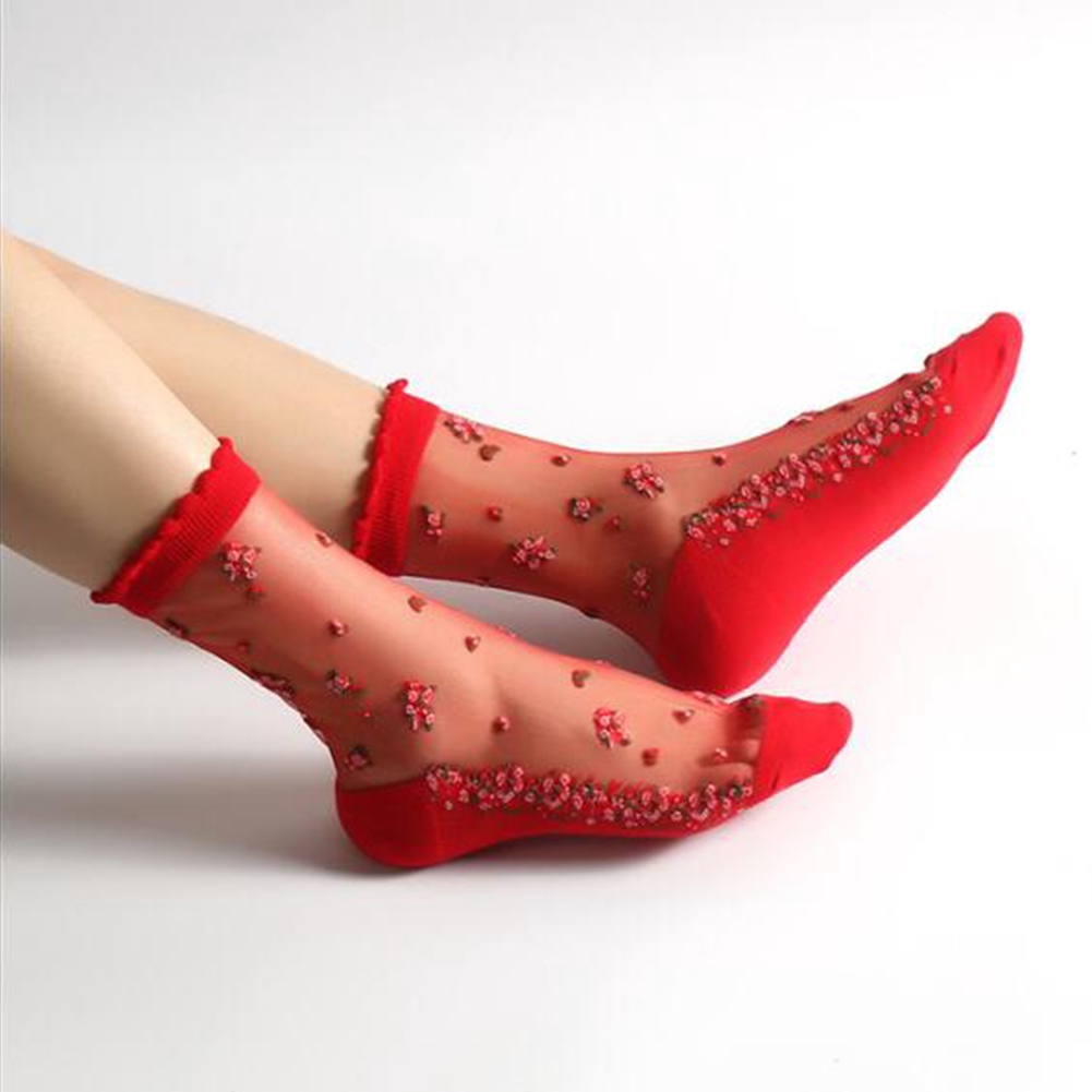1 Pair Breathable Socks Women Transparent Lace Silk Crystal Rose Flower Girls Elastic Short Socks Sox