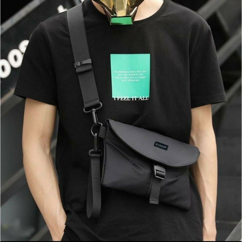 Black D300 Polyester Shoulder Bag with Buckle Zippers 24x16cm for Men ...