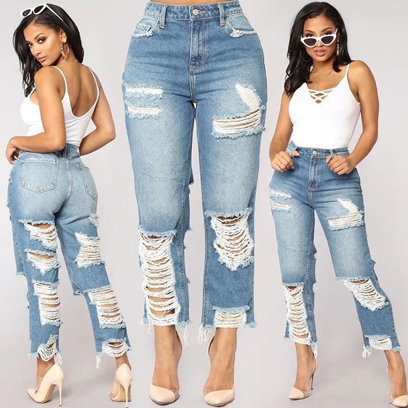 hole distressed denim slit jeans