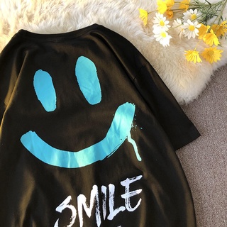 【Pure Cotton/Plus Size】Smile Face Emoji Printed Plus Size Cotton T-shirt Unisex Round Neck Short Sleeves Oversized T-shirt 100% Cotton Big Size Loose Fit Casual Tops For Men Wom #8