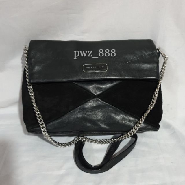 black suede bag with silver chain