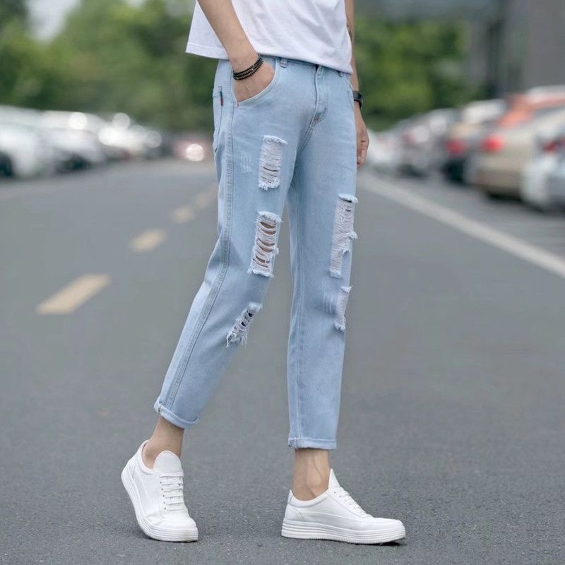 Spot] 9852 # Mens Skinny Jeans Ripped Jeans/Light Blue Skinny Stretch  Casual | Shopee Philippines