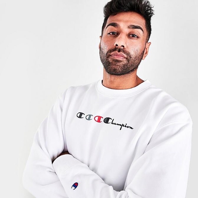 Champion Men's Triple Logo Script Crewneck Sweatshirt, White, Large #7