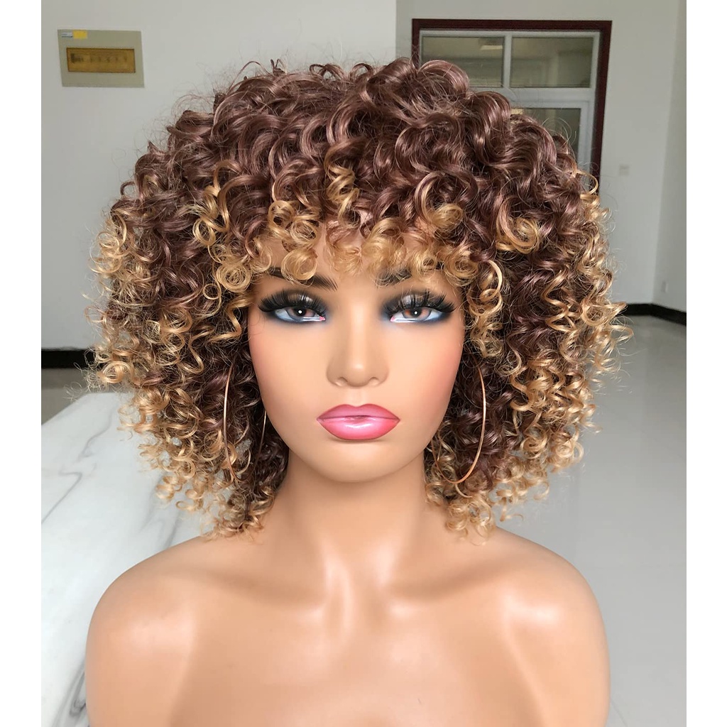 WANNIVIA Curly Afro Wig with Bangs Short Kinky Curly Wigs for Black