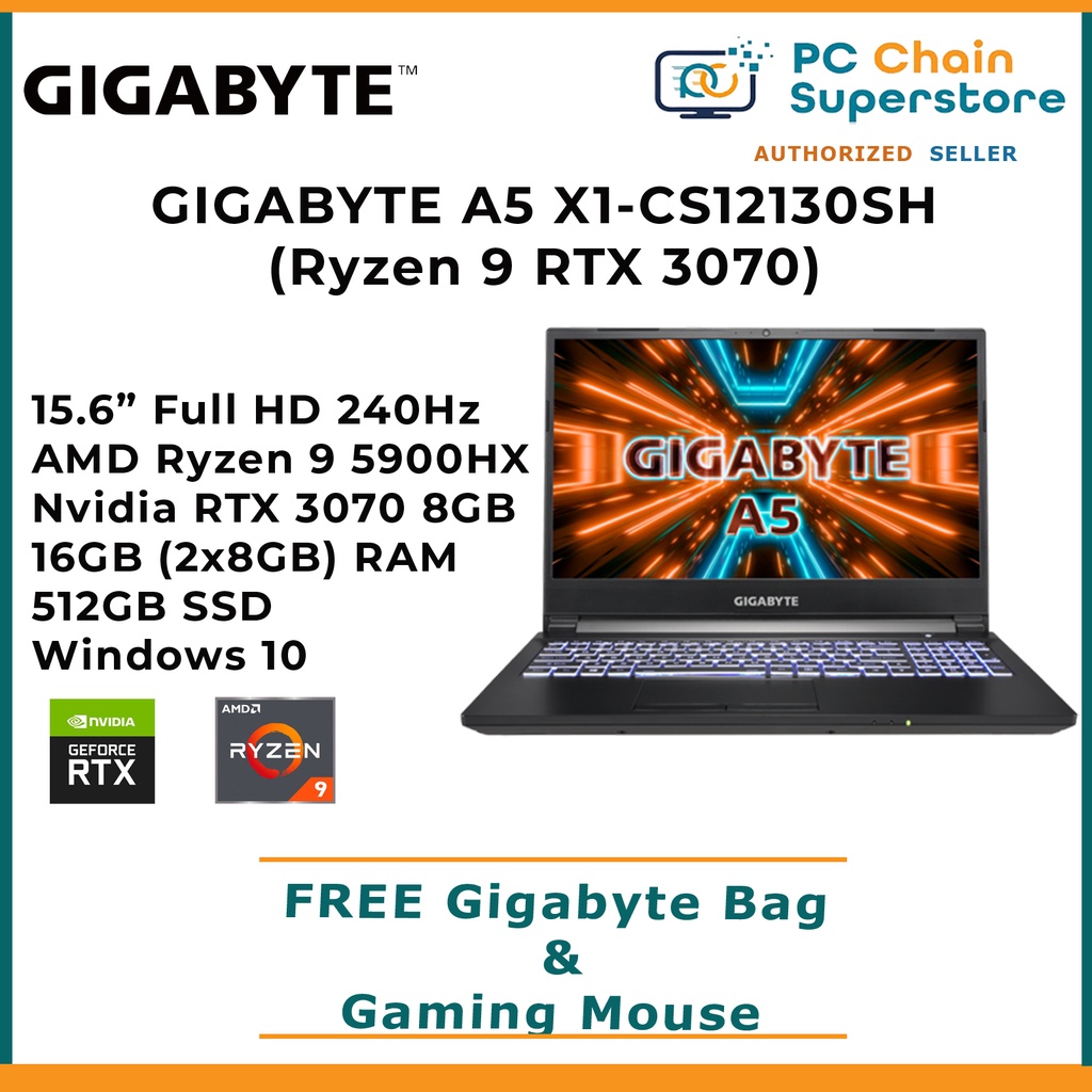GIGABYTE A5 X1CS12130SH Gaming Laptop 15.6" FHD IPS 240Hz AMD Ryzen 9 5900HX NVIDIA RTX