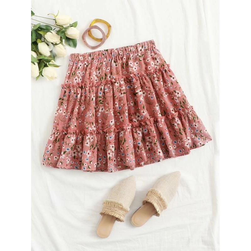 SHEIN 100% Original Brand - SHEIN Ditsy Floral Layered Frill Trim Skirt ...