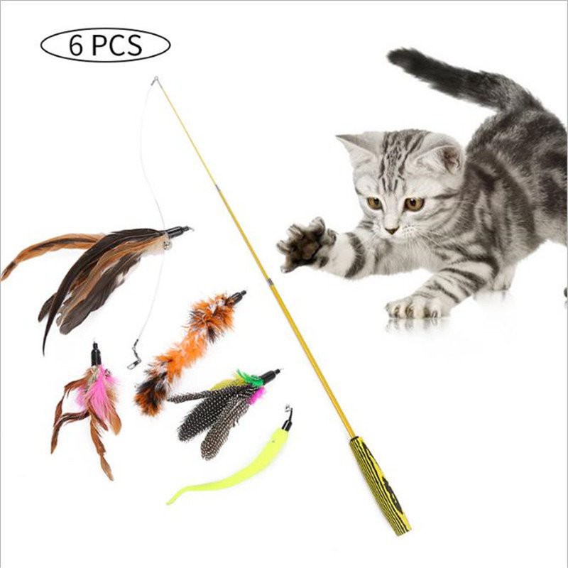 Feather Teaser Cats Kitten Teaser Catcher Plastic Stick Wand Bell Feather Interactive Toy NR Centraliain Cats Teaser Small Animal Sleeping Bed Pet House Random Color 