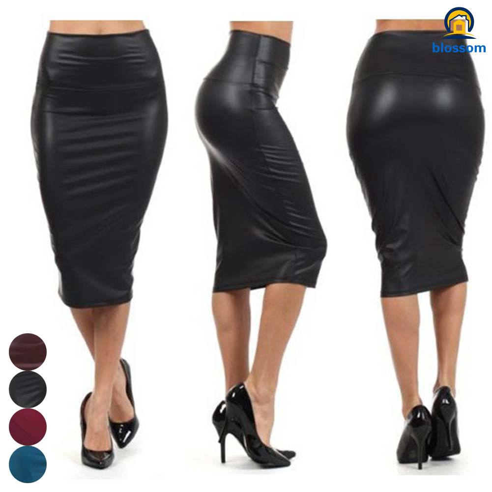 Women High Waist Faux Leather Pencil 