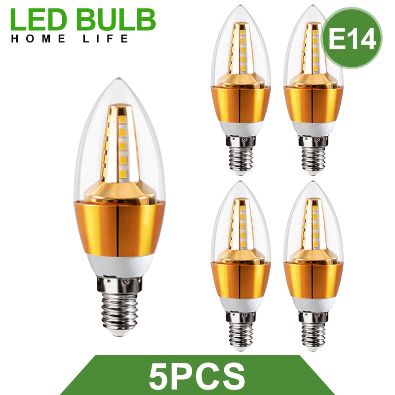 COD 5 Pcs E14 E27 LED Candle Bulb 5 Watts Warm White 220V For Home