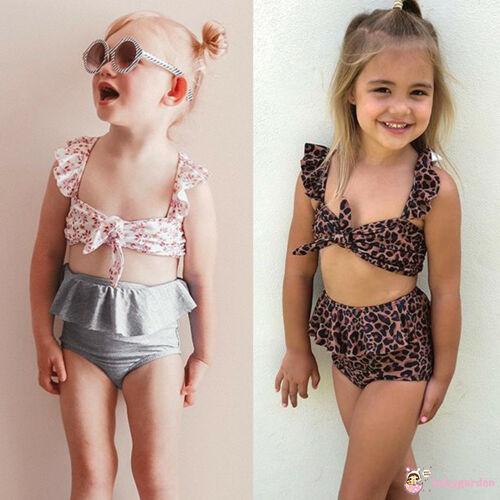 2Pcs Baby Girls Bikini Swimsuits Sunflower Halter Bowknot Tube Top Leopard Bottom Bathing Suits Beachwear Outfits 
