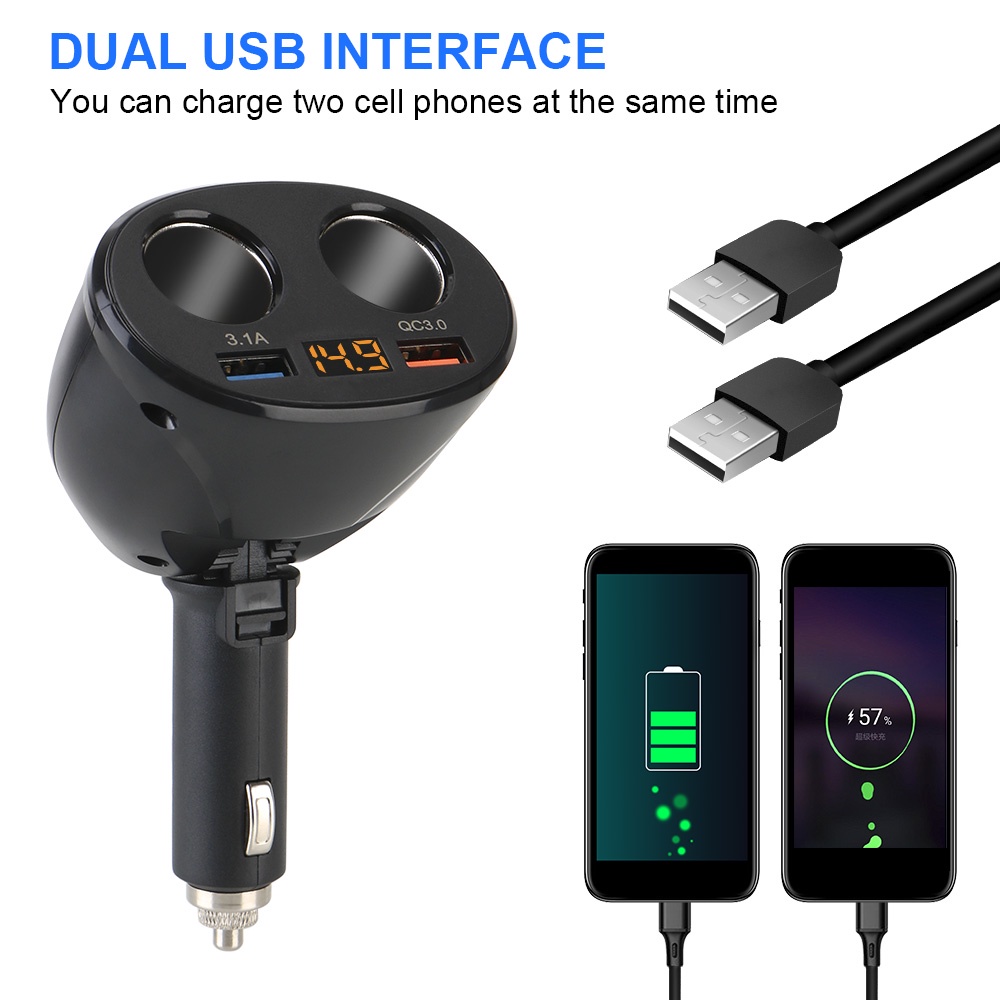 2 USB Car Charger Power Socket Adapter With Voltage LED Display Splitter Charger Plug Adapter