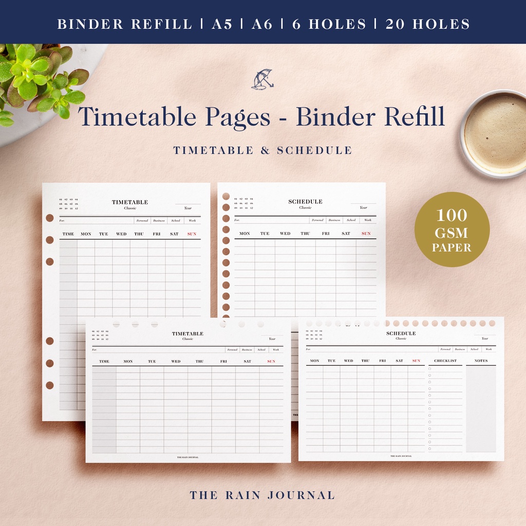 Timetable &amp; Schedule - Binder Refill in A5 and A6 or Personal Binders ...