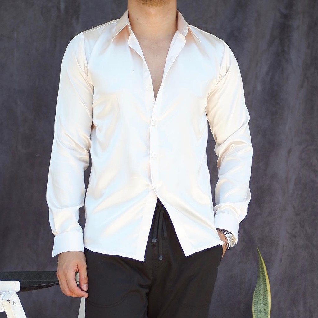 White/Cream Plain Button Down Polo Long Sleeves (Charmeuse Satin