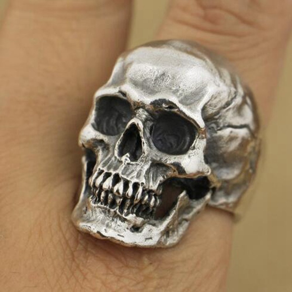 Mens Hammered Skull Ring Biker Gothic Ring Man Women 925 Sterling Silver 