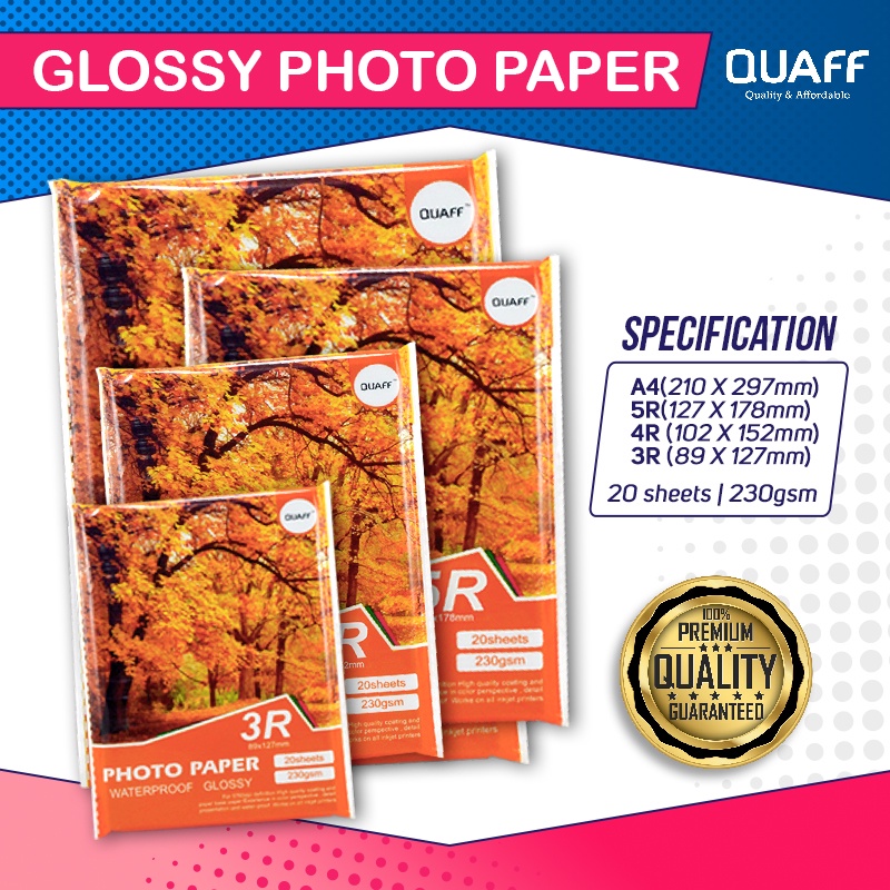 Quaff Glossy Photo Paper 180gsm / 230gsm A4 | 5R | 4R | 3R Size (20 ...