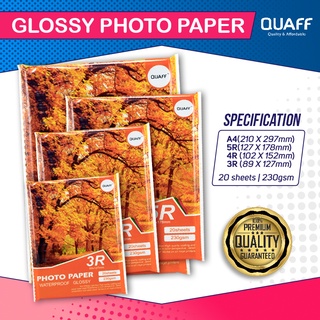 Quaff Glossy Photo Paper 180gsm / 230gsm A4 | 5R | 4R | 3R Size (20 sheets / pack)