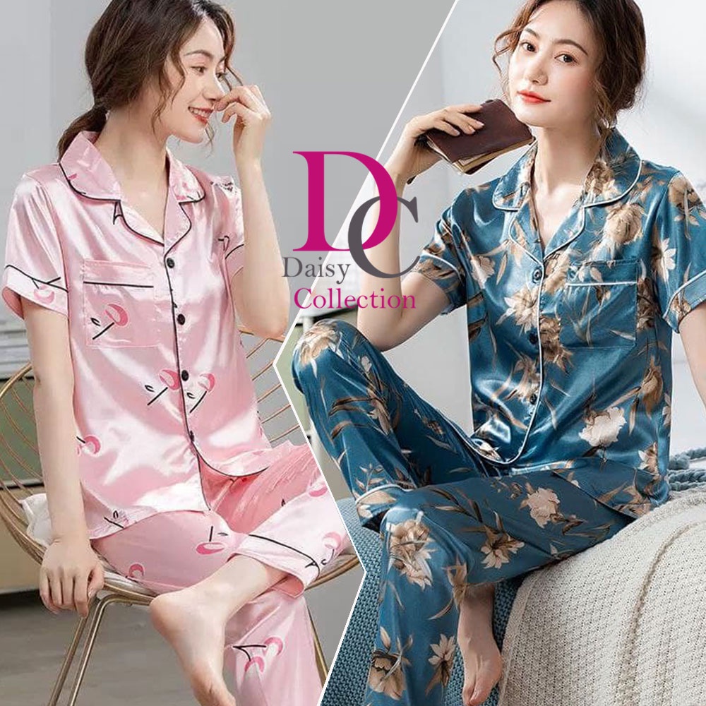 DC Printed Halle Button Down With Collar and Side Pocket Silk Sleepwear ...