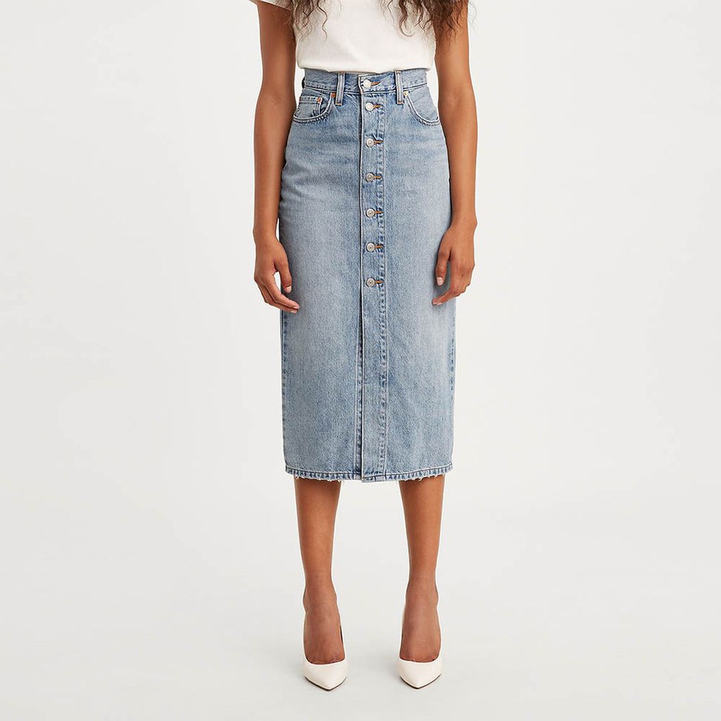 button front midi denim skirt