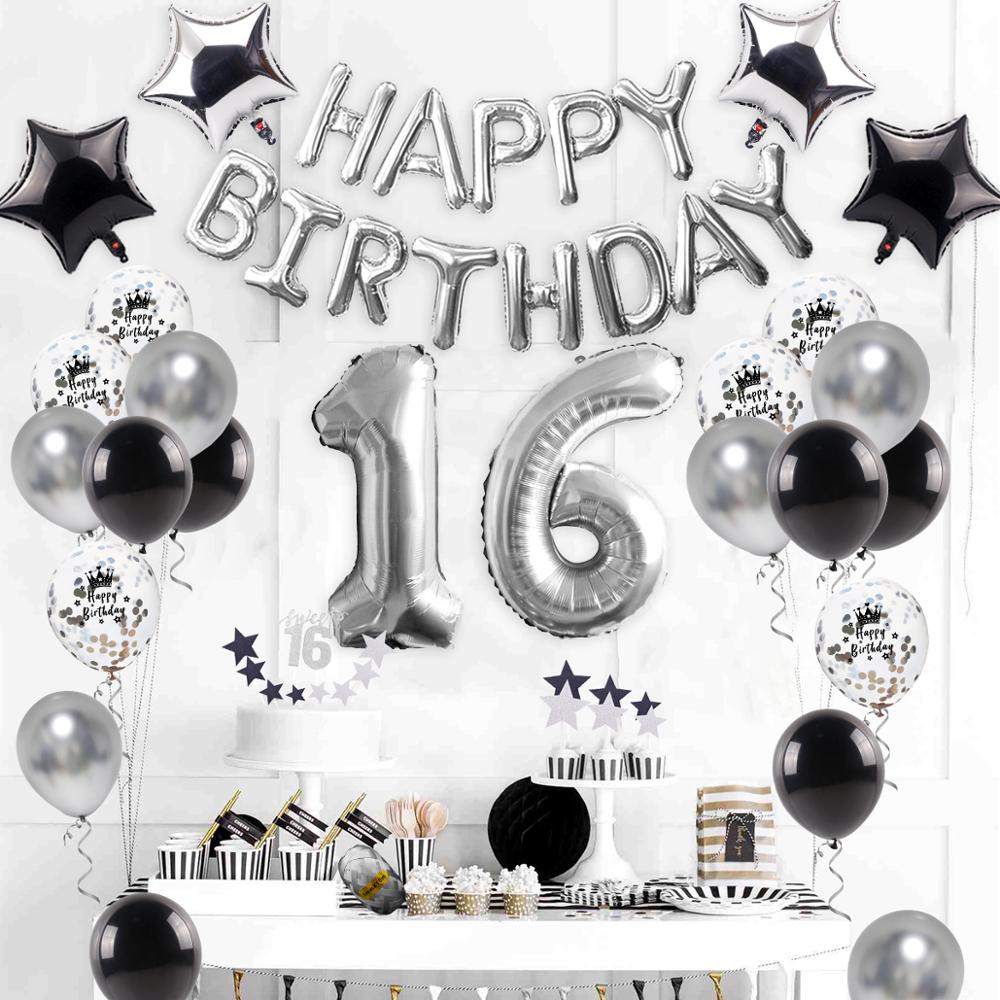FENGRISE Silver Balloon Decor Sweet 16 Party Decorations Happy Birthday Decorations 16th Birthday