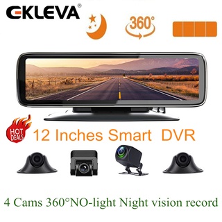 Ekleva 12 Inchs 360 Degree Dashboard Car Dvr 4 Camera Recording Night Vision Video Recorder Fhd 1080p Touch Screen Display Dash Cam Channel