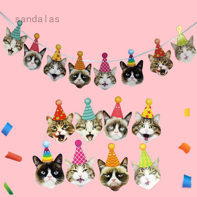 Kitties Bday Party Bunting Decoration Photographic Cat Faces Birthday Banner Birthday Cat Garland 
