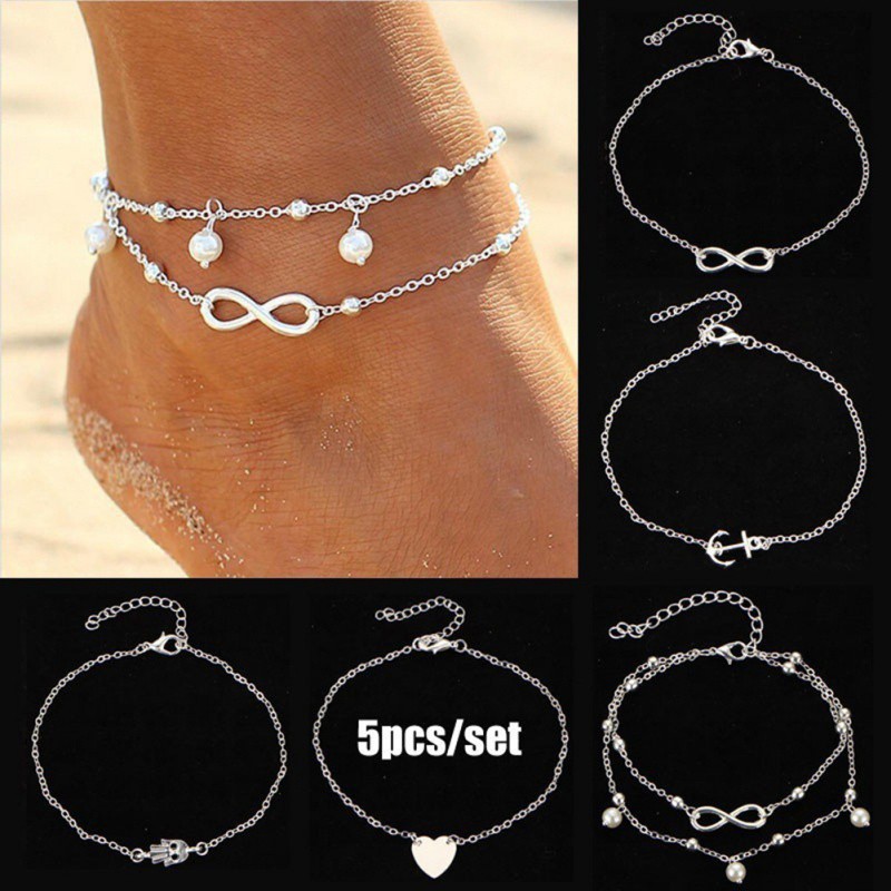 5 Pcs Ankle Bracelet Women Anklet Adjustable Chain Foot Beach Jewelry Gifts