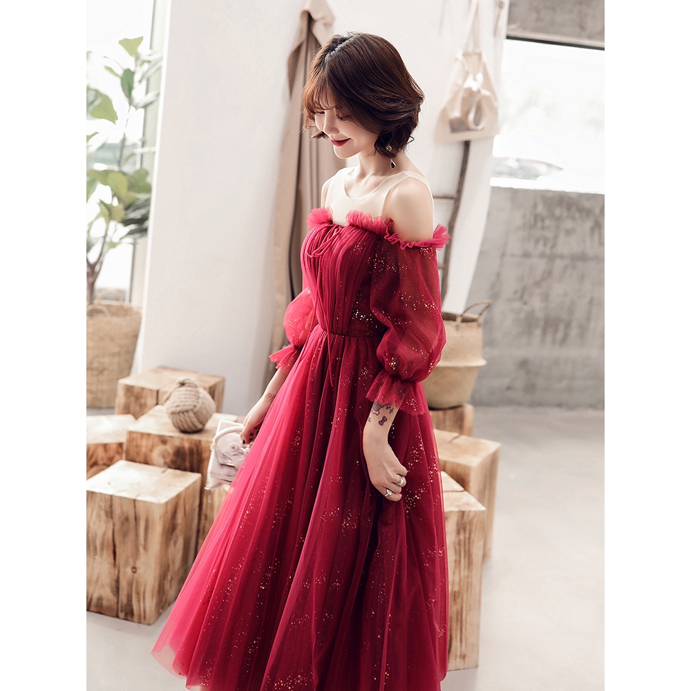 Women S Evening Wedding Dress Engagement Bridal Red Dress Shopee