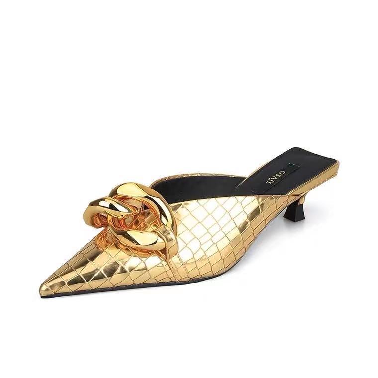 Golden Pointed Toe Patent Leather Niche Slippers Women Can Wear Outside