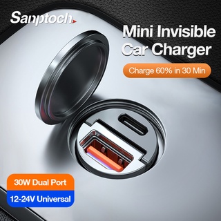 Sanptoch Mini Invisible Car Charger Adapter 60W Fast Charging USB Type C PD30W + QC3.0 Dual Port Metal Quick Charge Compatible with iPhone 13 12 11 Pro Max iPad Samsung Huawei Xiao