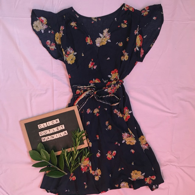 navy blue floral wrap dress