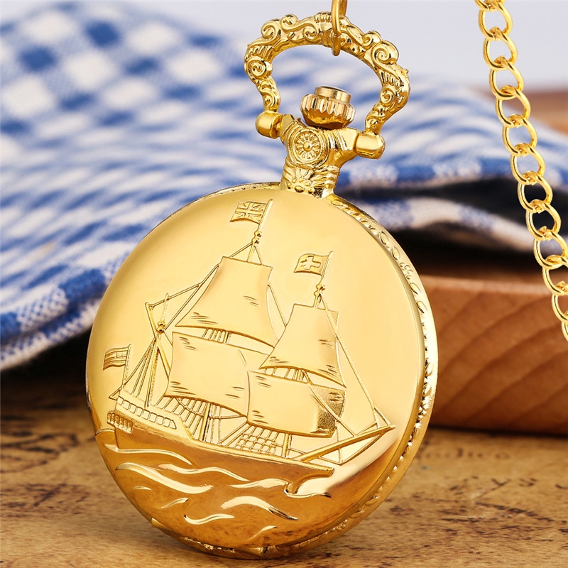 Luxury Yellow Gold Sailing Canvas Boat Design Men Women Quartz Pocket