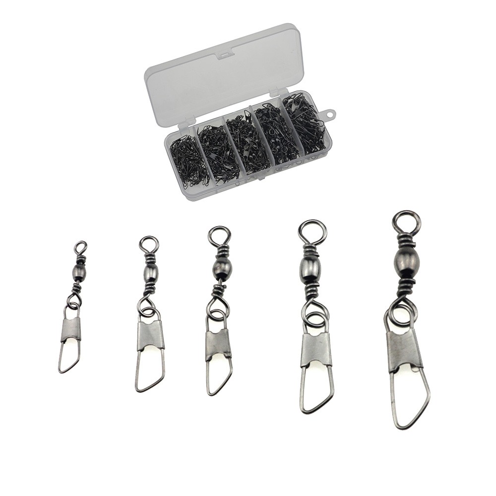 50/250pcs Fishing Barrel Swivels with Safety Snaps Swivel Stainless Steel High Strength Interlock Snap Swivels Rolling Connector Black Nickel Solid Ring Freshwater Fishing Tackles Accessories 