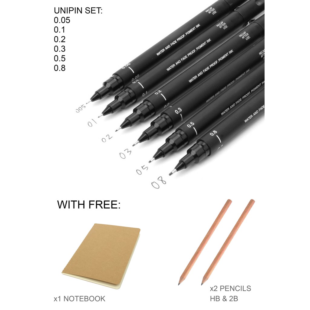 UNIPIN Uni Pin with Freebies (0.05, 0.1, 0.2, 0.3, 0.5, 0.8) Drawing Felt Tip Marker Pen