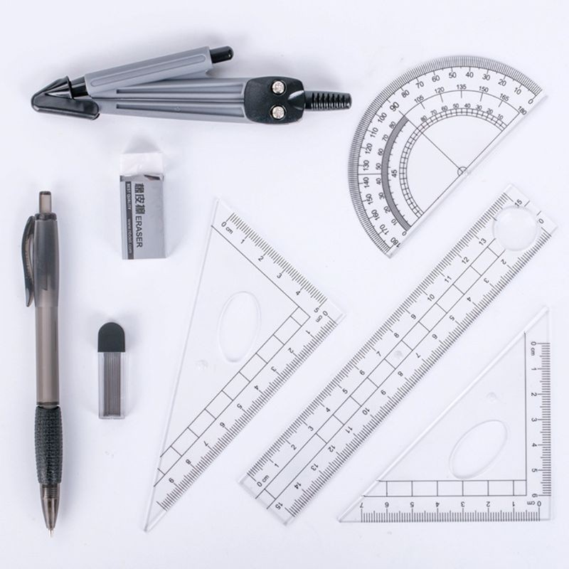 Drafting Tools with Ruler Pencils Mechanical Pencil and Refills Compass and Protractor Set 19Pcs Geometry Math Set Eraser etc. 6 Color Ballpoint Pens 