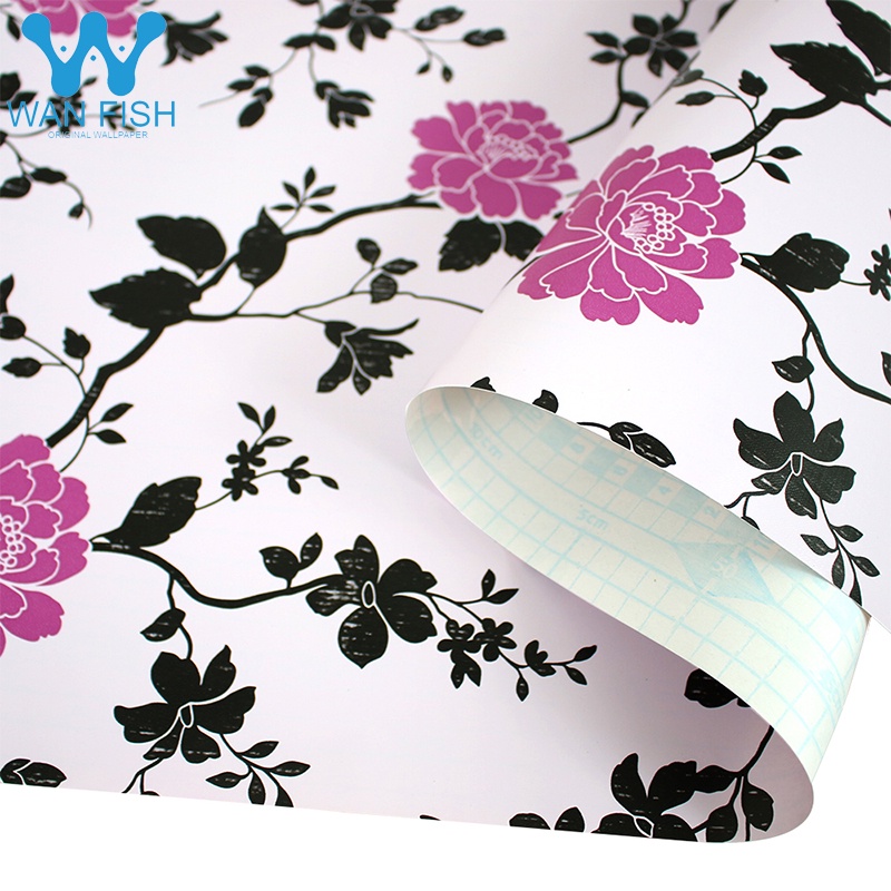 ◇WANFISH pink flower with black leaves 10mx45cm elegant design for bedroom living room self-adhesiv