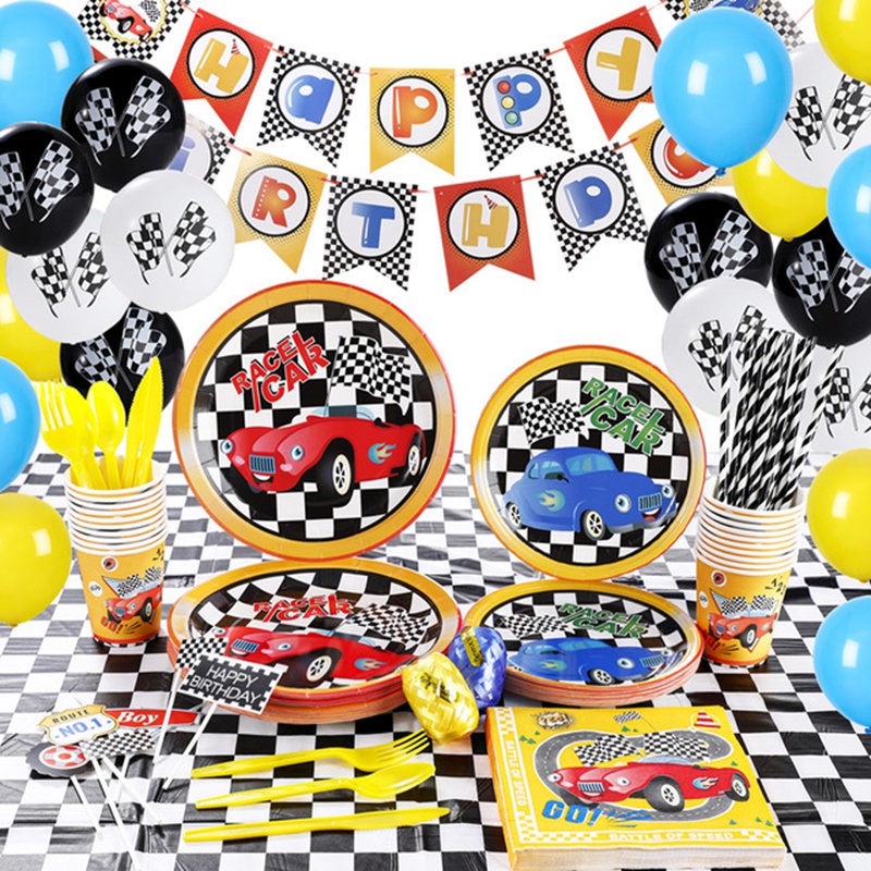 Racing Car Driving Disposable Tableware Colorful Tablecloth Banner 