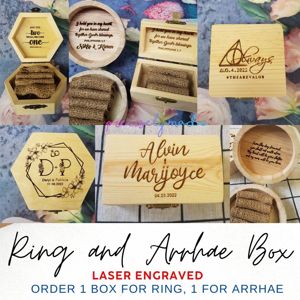 Personalized Wooden Wedding Ring and Arrhae Rustic Box ENGRAVED