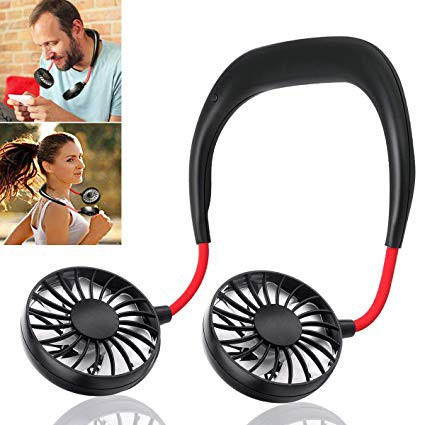 Philohewen Portable USB Rechargeable Neckband Lazy Neck Hanging Style Dual Cooling Fan Mini Handheld Fan with 3 Wind Speed for Indoor Outdoor and Travel 