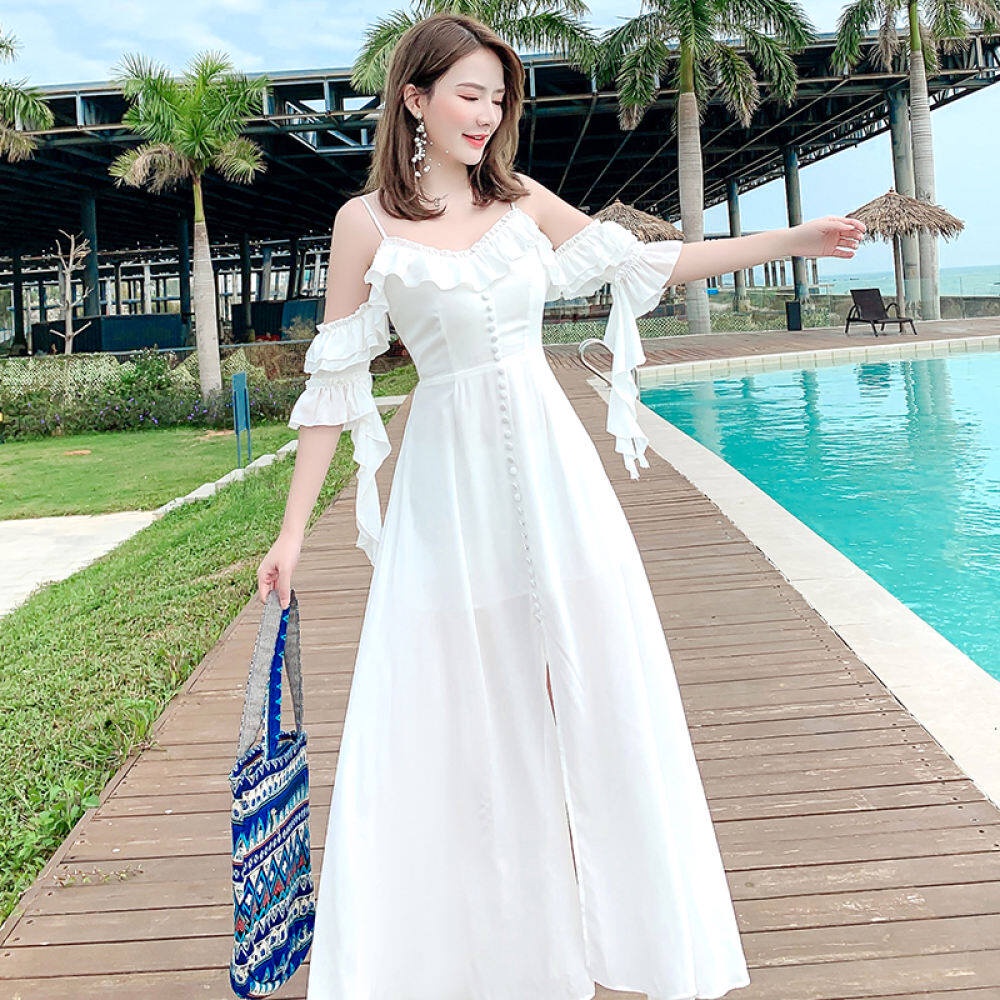 beach outfit▣Pure White Korean Style Beach Outfit Long Dress for Women on  Sale 2021 Summer Bohemian | Shopee Philippines
