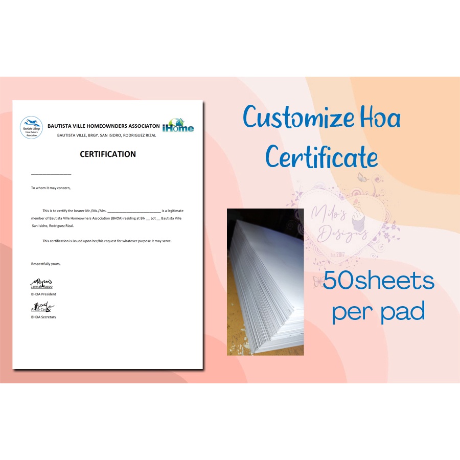Customize HOA cer tificate 50sheets per pad Shopee Philippines