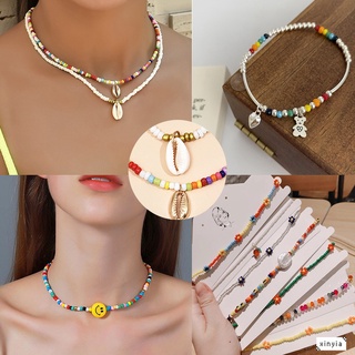 【xinyia1】Bohemian Beads Necklace Short Retro Smile Colored Beaded Choker Aesthetic Necklace Clavicle Chain Fashion Beach Shell Necklace for Women 2022