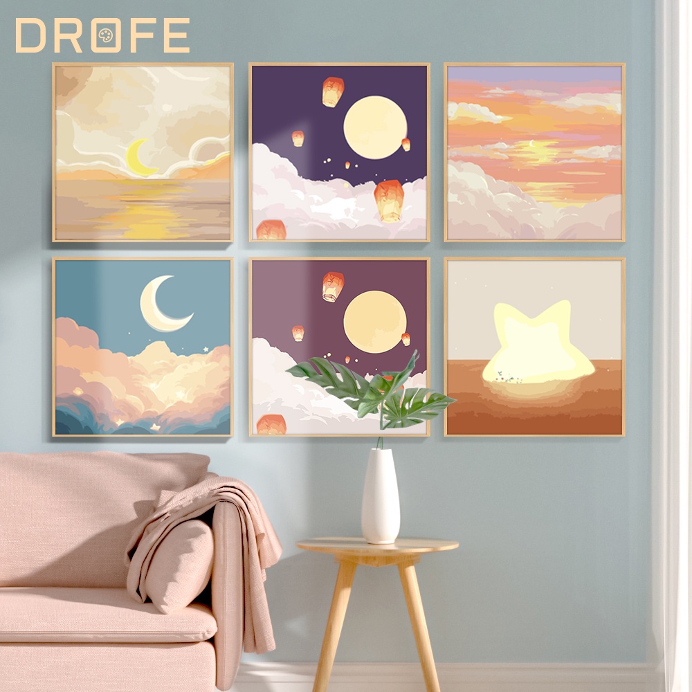 DROFE【20x20cm /30x30cm】DIY Paint By Numbers with frame Stars Moon Space Small Size painting by numbers Home living decora Handmade home decompression coloring painting on Canvas