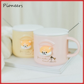 Cute shiba Inu cartoon ceramic Mug Akita Inu mug with lid and spoon, matching mug
