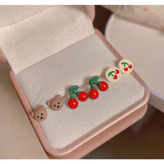 6Pcs/lot 925 Silver Cute Cherry Bear Earrings for Cute Lovely Girls #8