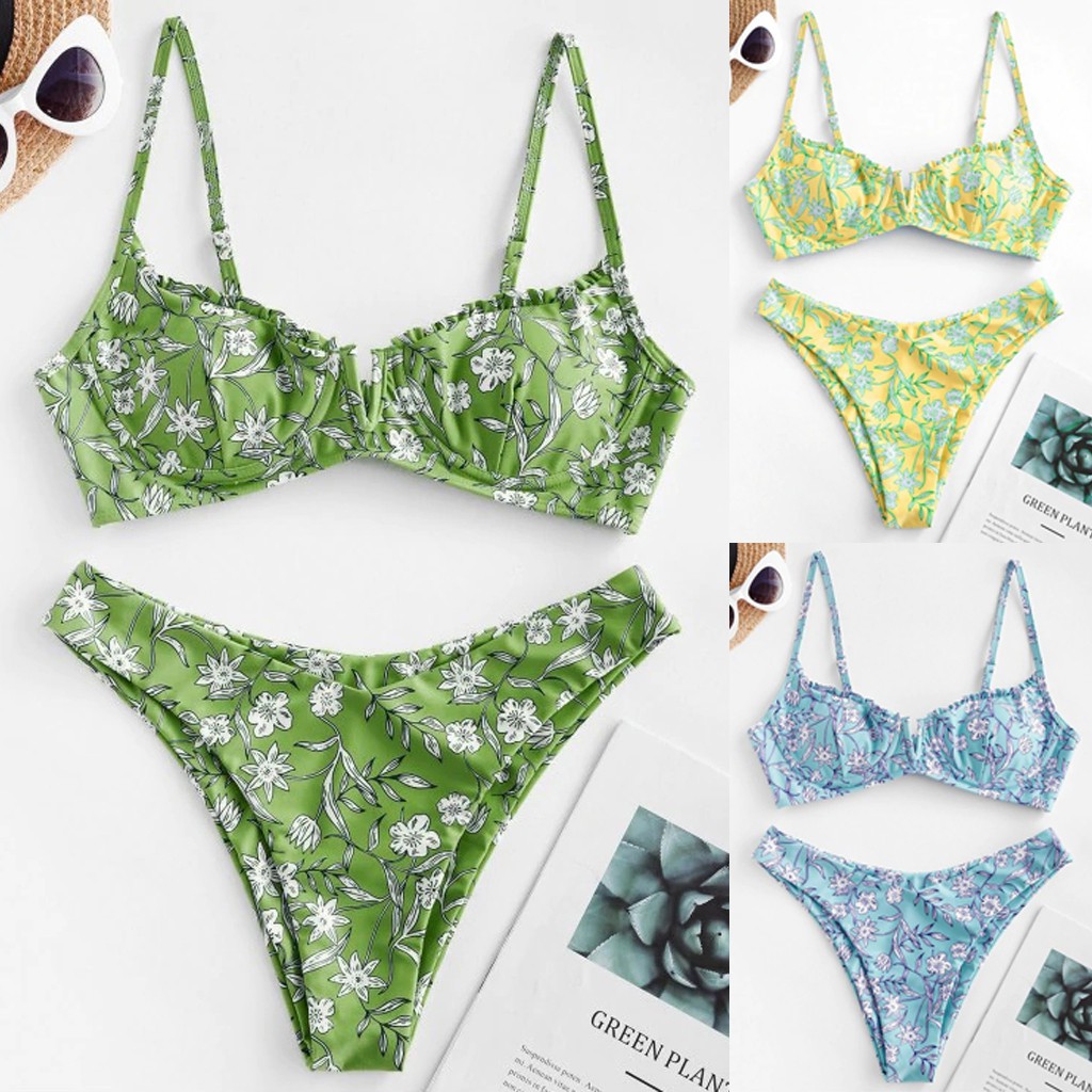[Ladymiss] Women Flower Print High Cut V Neck Two Pieces Bikini