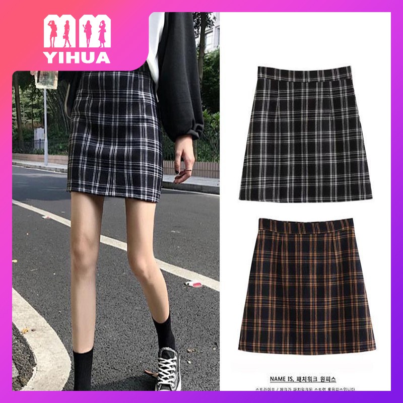 Yihua spot girlfriends summer new Plaid A-line skirt half skirt women ...