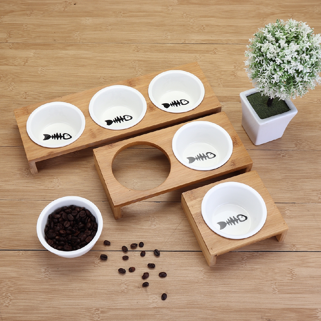 Oeasy Pet Feeder Bowl Dog Cat Bamboo Ceramic Food Water