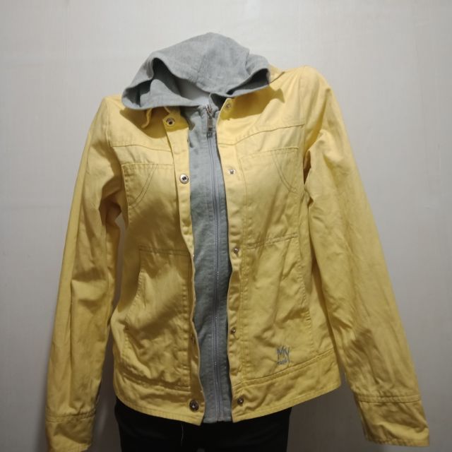 denim jacket with yellow hoodie