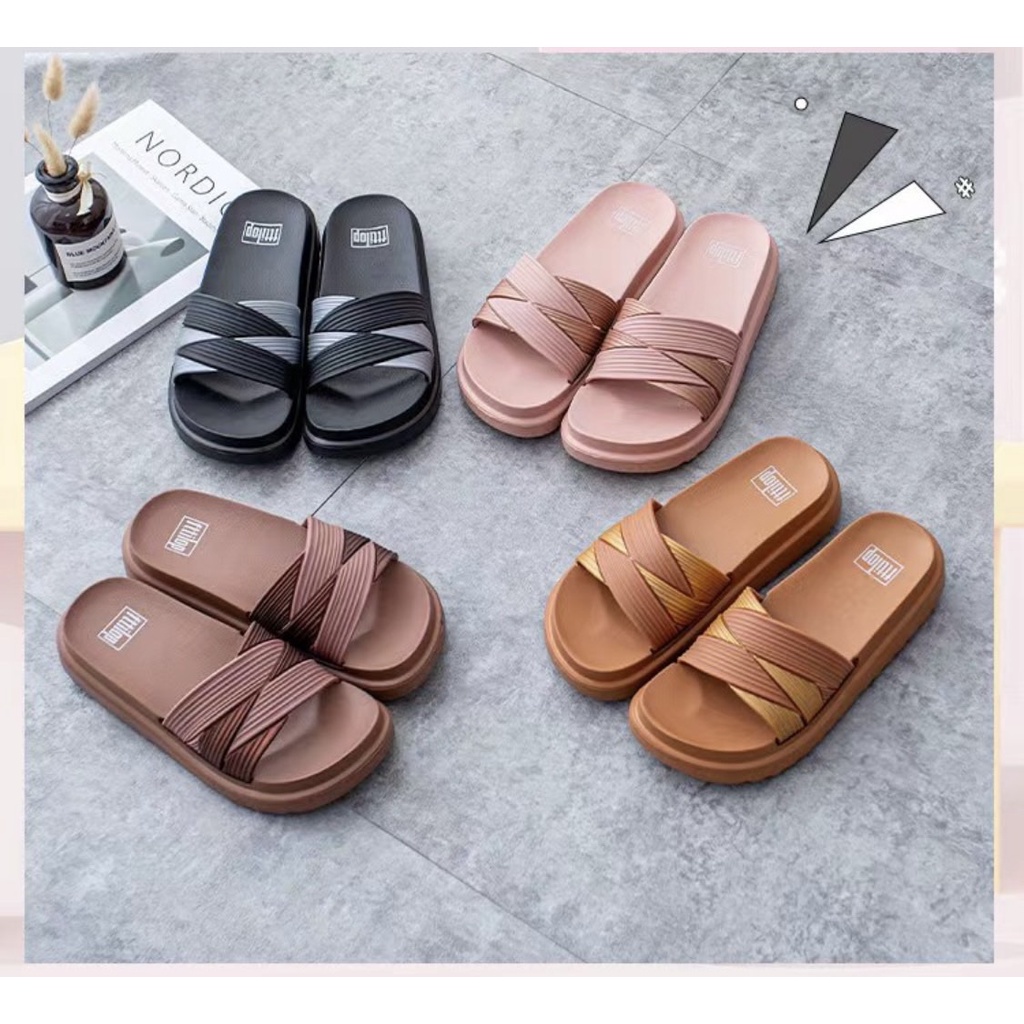 Ladies Crisscross 2 Color Combination Medium Heeled Slides / Sandals ...